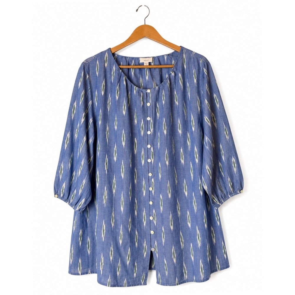 J Jill Pure Jill Tunic Top Women 3X Blue Ikat Print Cotton Button Front Boho